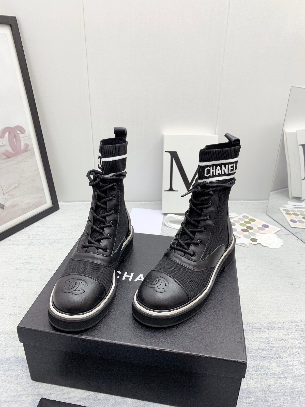 CC 26s Lace Up Combat Boots Black Denim Calfskin 160136