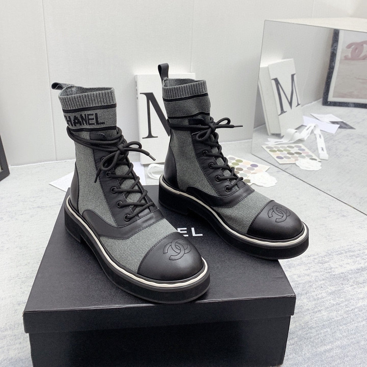 CC 26s Lace Up Combat Boots Grey Black Denim Calfskin 160139
