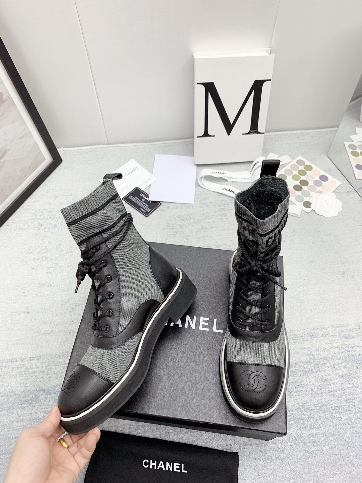 CC 26s Lace Up Combat Boots Grey Black Denim Calfskin 160139