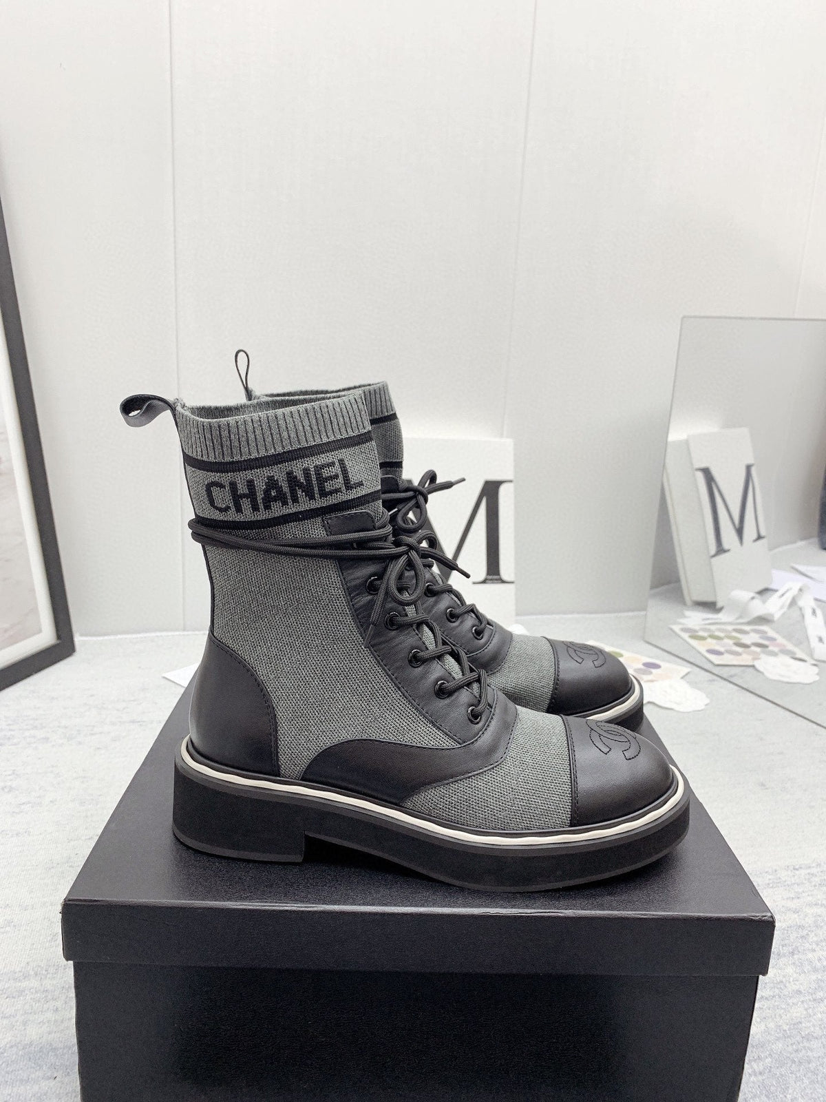 CC 26s Lace Up Combat Boots Grey Black Denim Calfskin 160139