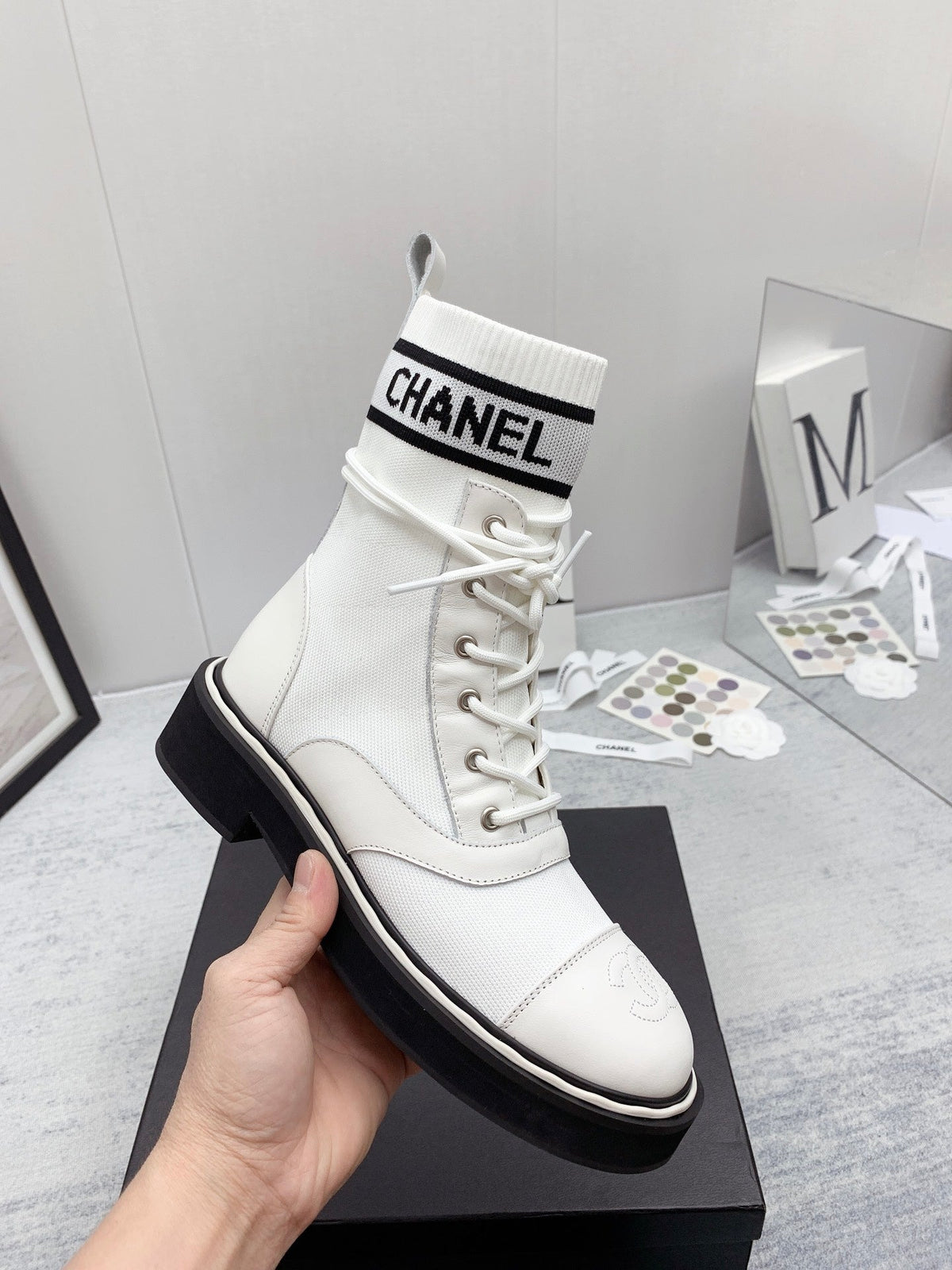CC 26s Lace Up Combat Boots White Black Denim Calfskin 160135