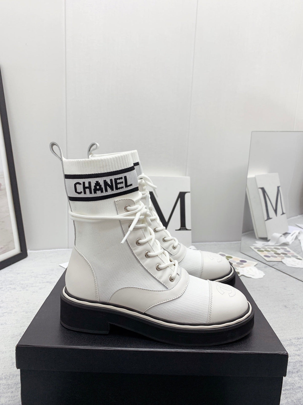 CC 26s Lace Up Combat Boots White Black Denim Calfskin 160135