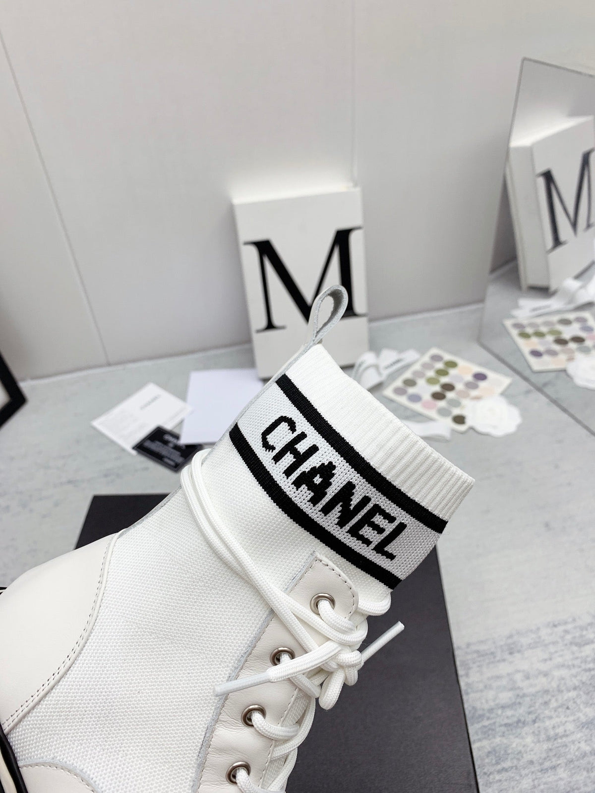 CC 26s Lace Up Combat Boots White Black Denim Calfskin 160135