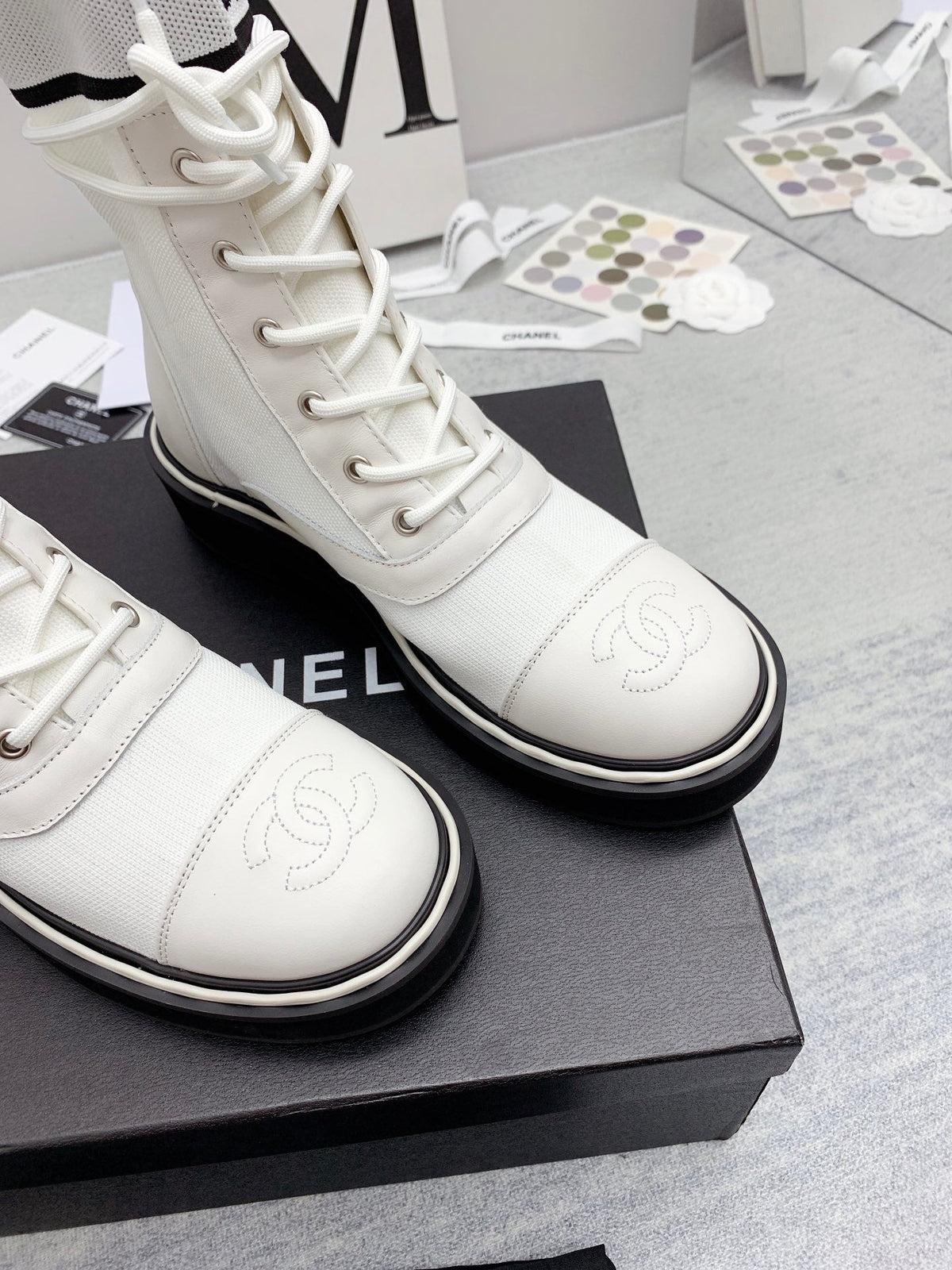 CC 26s Lace Up Combat Boots White Black Denim Calfskin 160135
