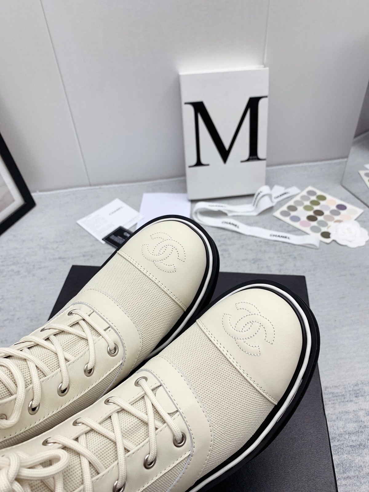 CC 26s Lace Up Combat Boots Ivory White Denim Calfskin 160138