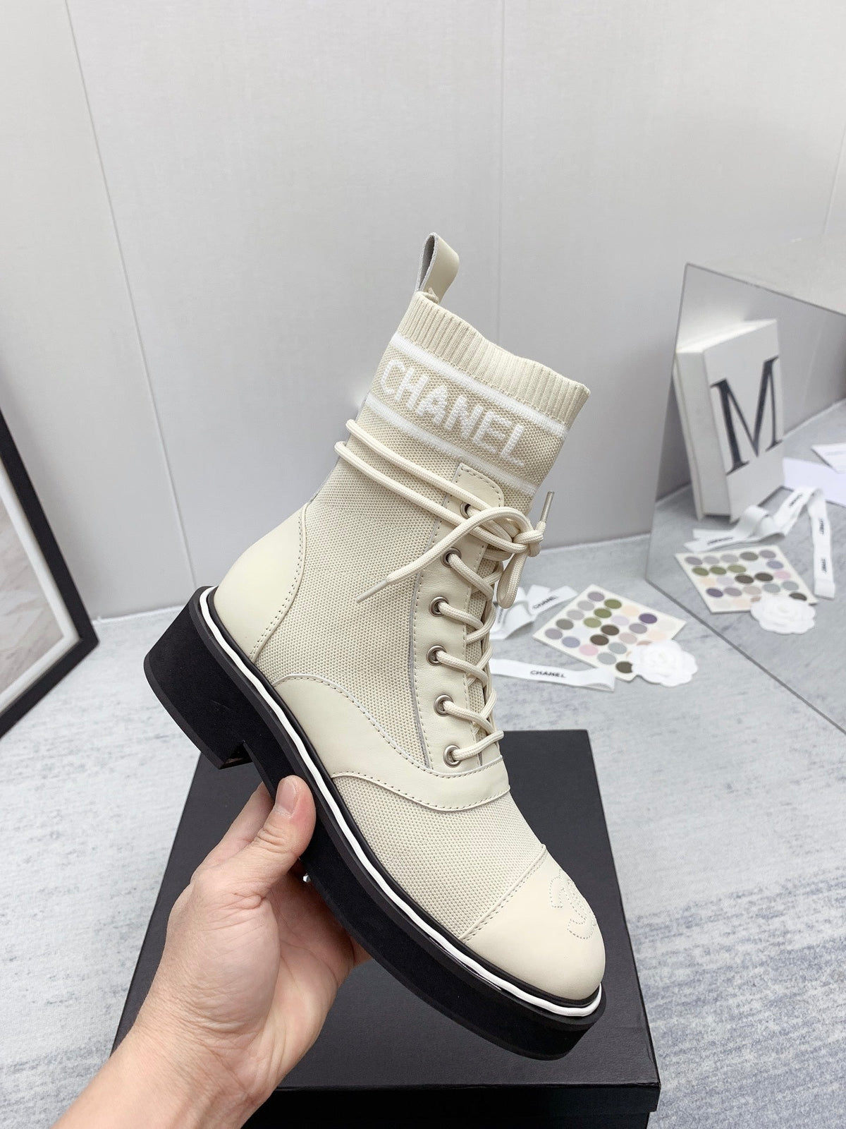 CC 26s Lace Up Combat Boots Ivory White Denim Calfskin 160138