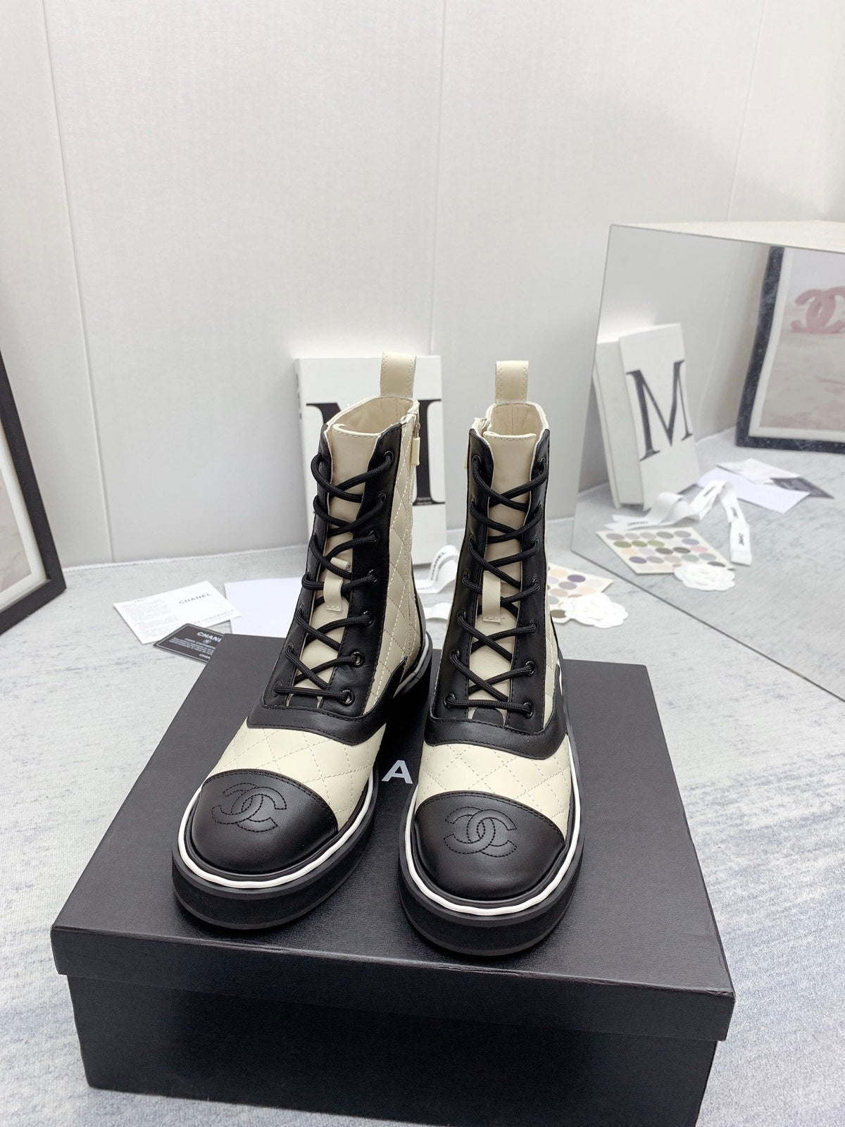 CC 26s Lace Up Combat Boots Ivory Black Quilted Leather 160140