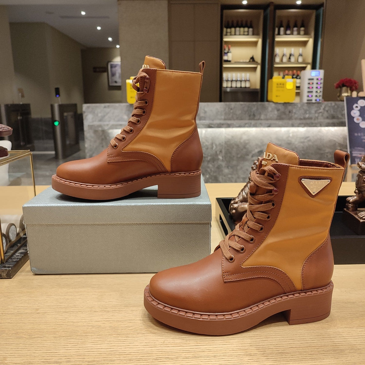 Prada 26s Combat Triangle Logo Boots 5.5cm Cognac Nylon Leather 109449