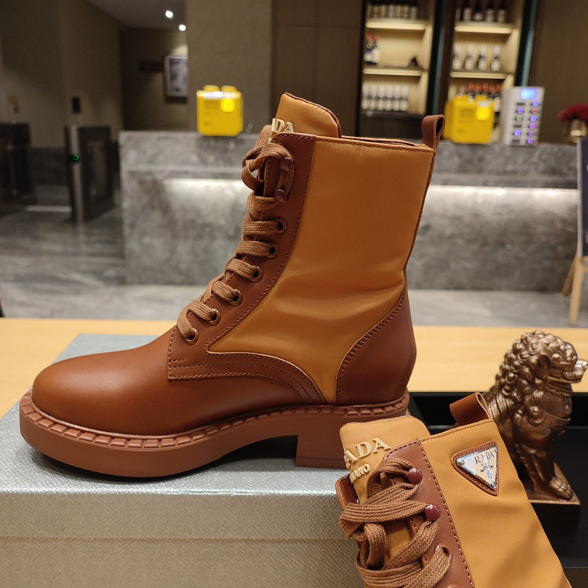 Prada 26s Combat Triangle Logo Boots 5.5cm Cognac Nylon Leather 109449