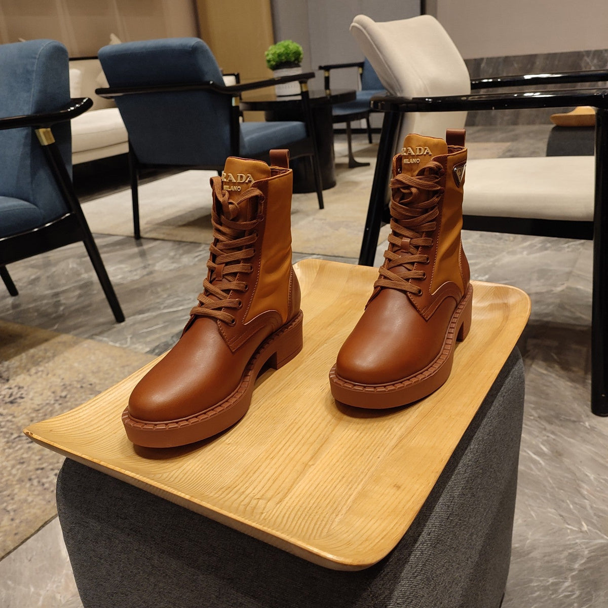 Prada 26s Combat Triangle Logo Boots 5.5cm Cognac Nylon Leather 109449