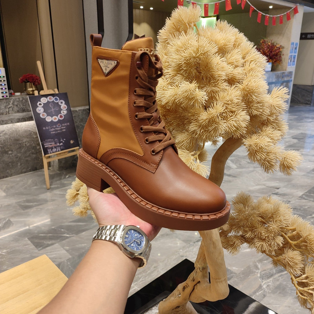 Prada 26s Combat Triangle Logo Boots 5.5cm Cognac Nylon Leather 109449