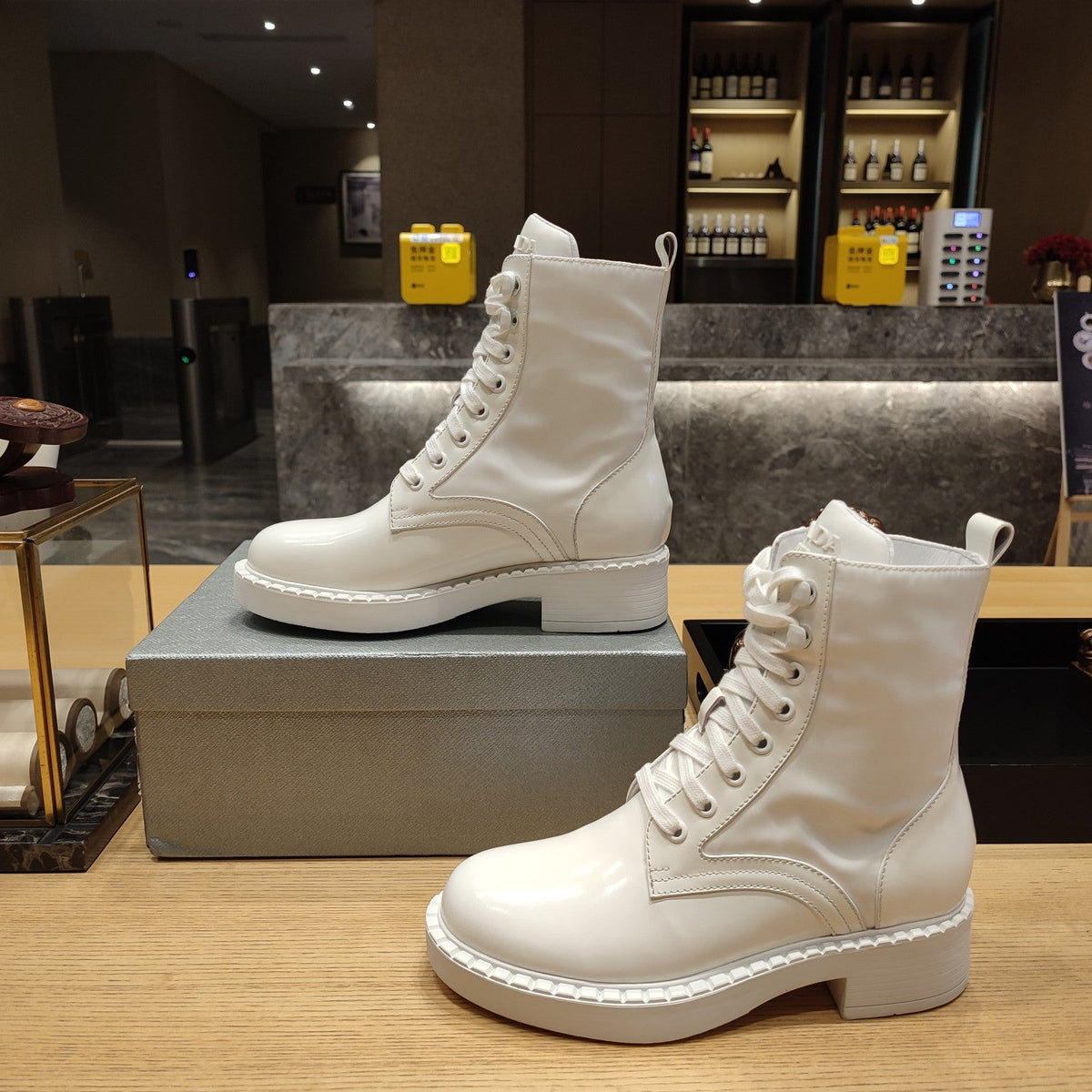 Prada 26s Combat Logo Boots 5.5cm White Patent Leather 109450