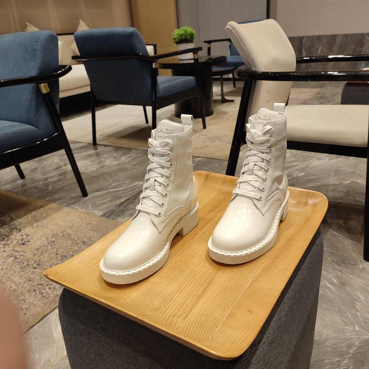 Prada 26s Combat Logo Boots 5.5cm White Patent Leather 109450