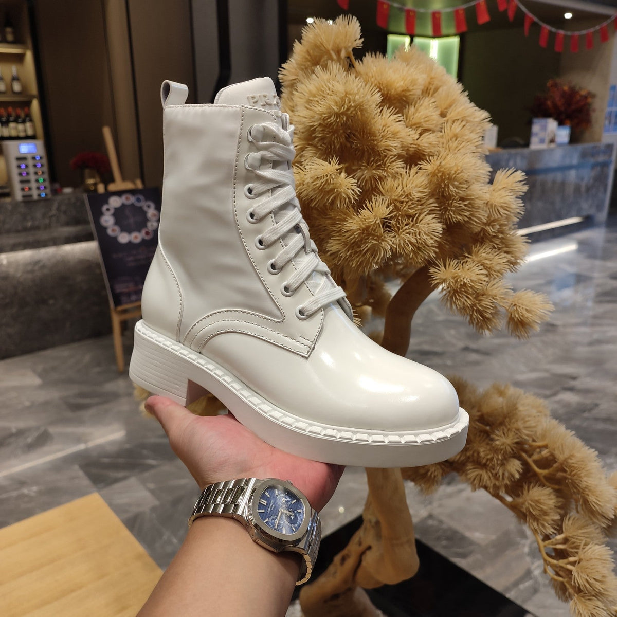 Prada 26s Combat Logo Boots 5.5cm White Patent Leather 109450