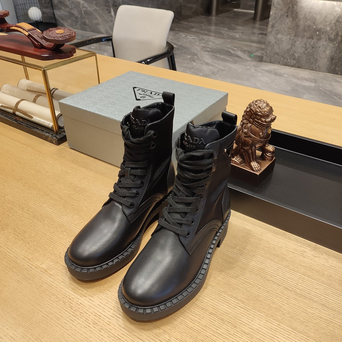 Prada 26s Combat Triangle Logo Boots 5.5cm Black Nylon Leather 109451