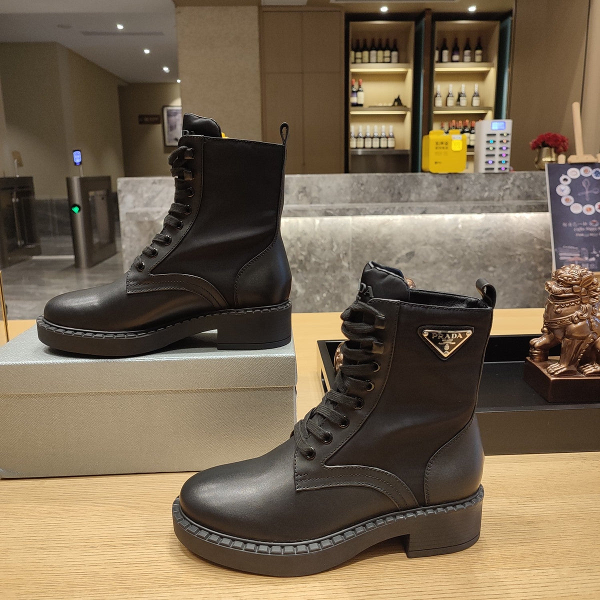Prada 26s Combat Triangle Logo Boots 5.5cm Black Nylon Leather 109451