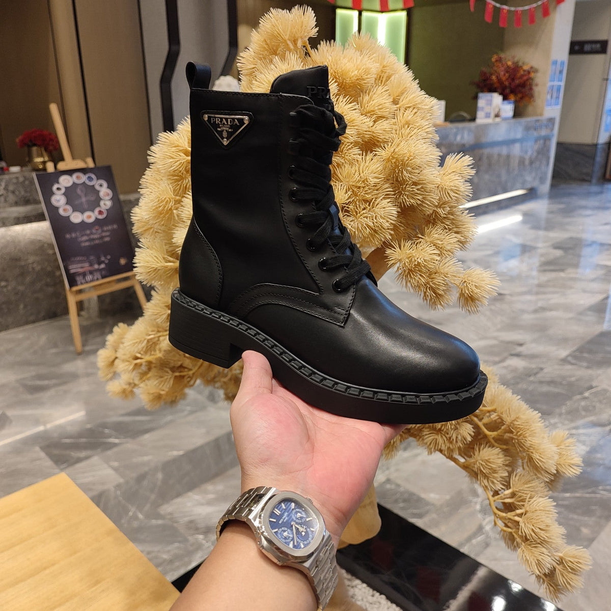 Prada 26s Combat Triangle Logo Boots 5.5cm Black Nylon Leather 109451