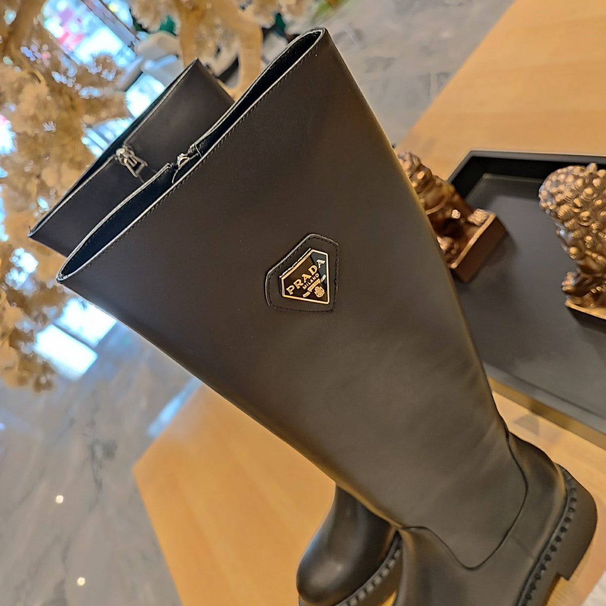 Prada 26s Knee-High Boots 5.5cm Black Smooth Triangle Logo Leather 109458