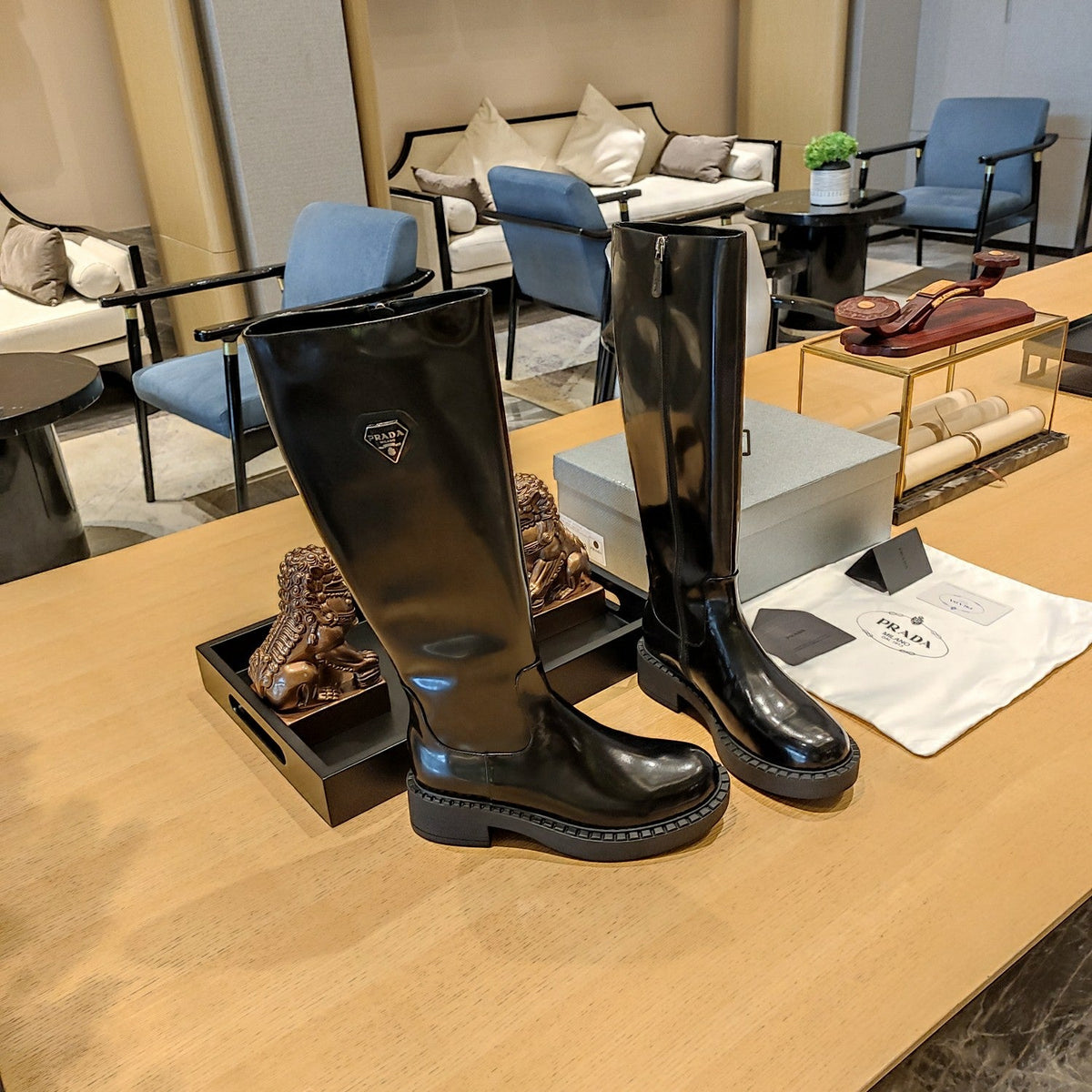 Prada 26s Knee-High Boots 5.5cm Black Patent Triangle Logo Leather 109459