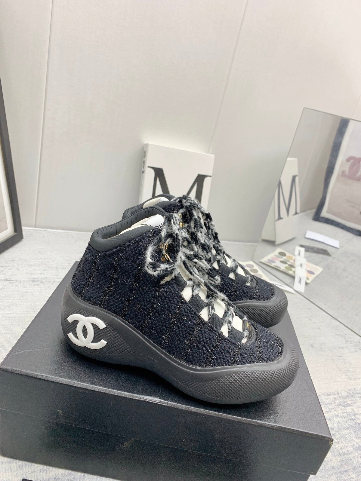 CC 26s High Top Sneakers 5cm Black White Tweed 163042