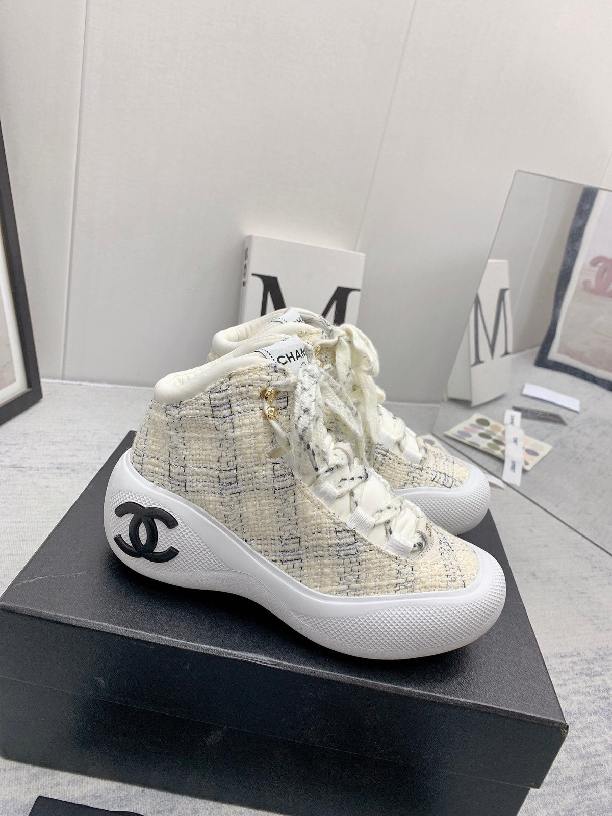 CC 26s High Top Sneakers 5cm Beige Black Tweed 163041