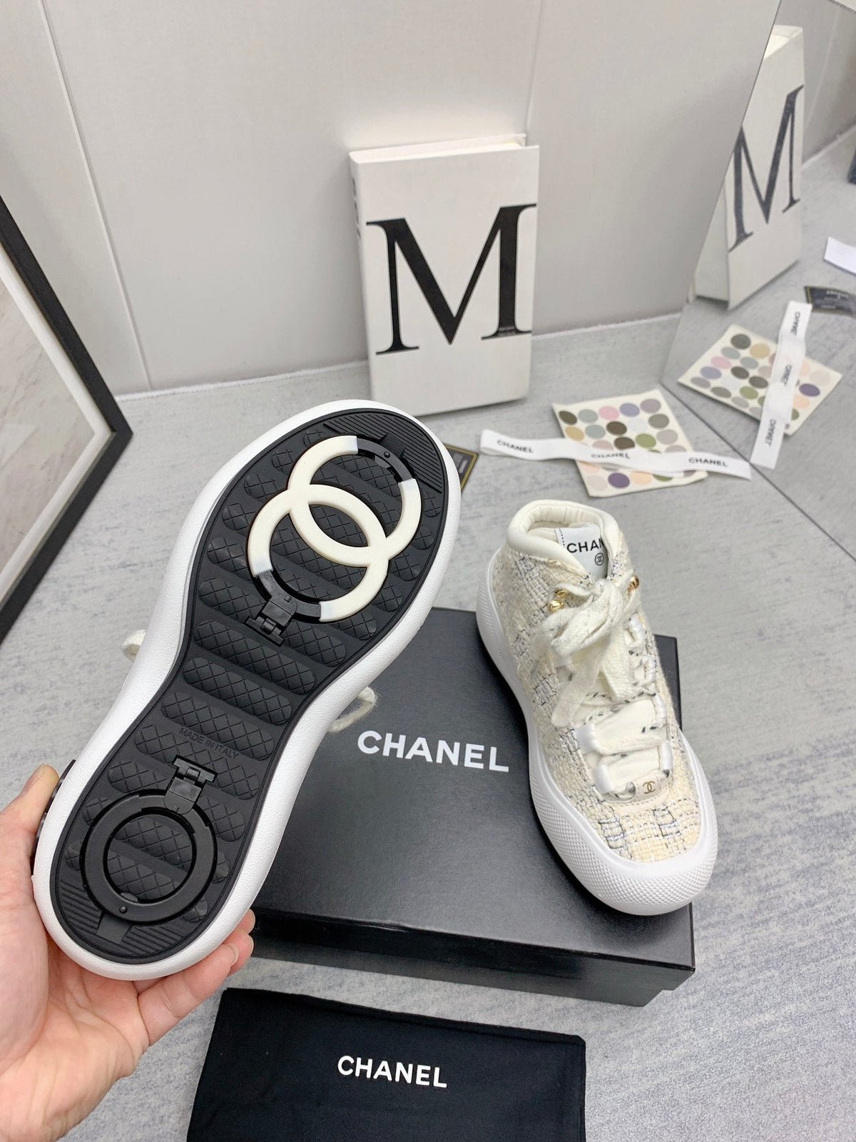 CC 26s High Top Sneakers 5cm Beige Black Tweed 163041