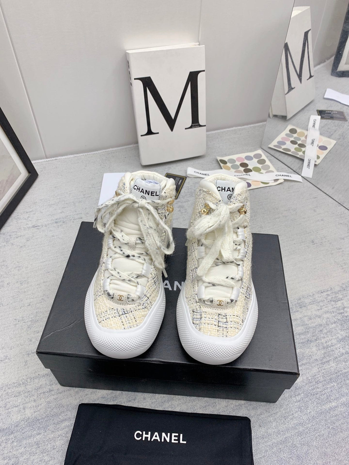 CC 26s High Top Sneakers 5cm Beige Black Tweed 163041