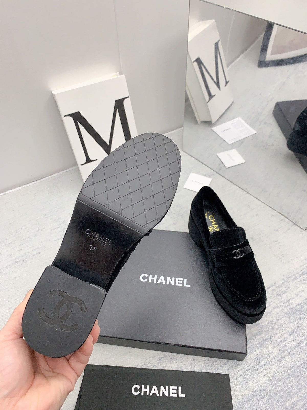 CC 2026 Logo Chunky Platform Loafers Black Velvet 161817