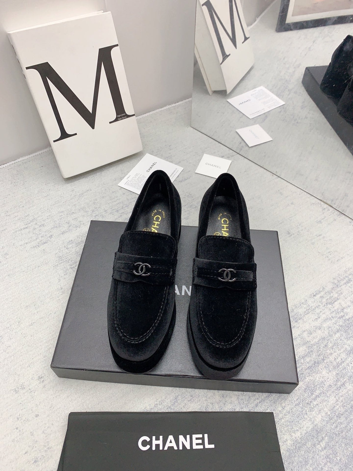 CC 2026 Logo Chunky Platform Loafers Black Velvet 161817