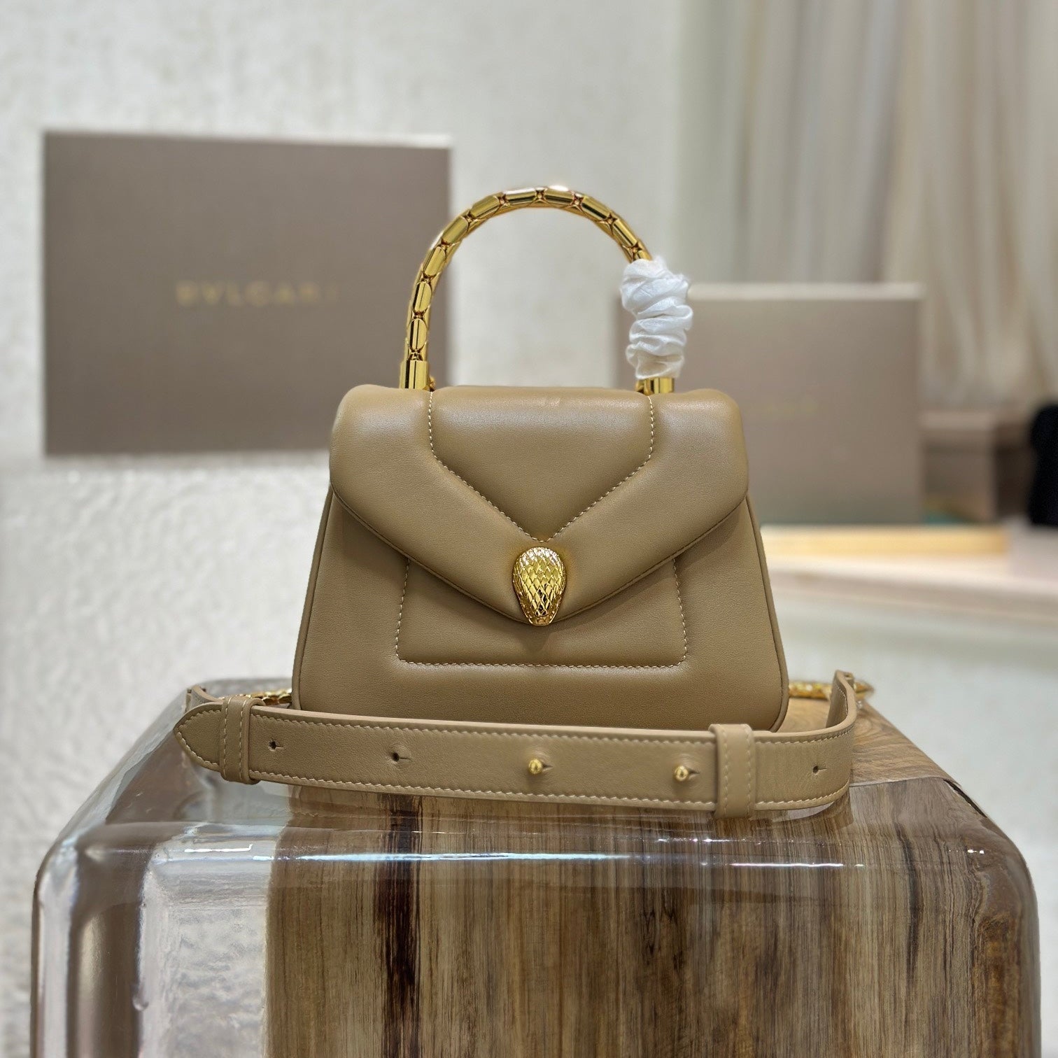 BVL Serpenti Reverse Top Handle 20cm Beige Calfskin GHW 188549