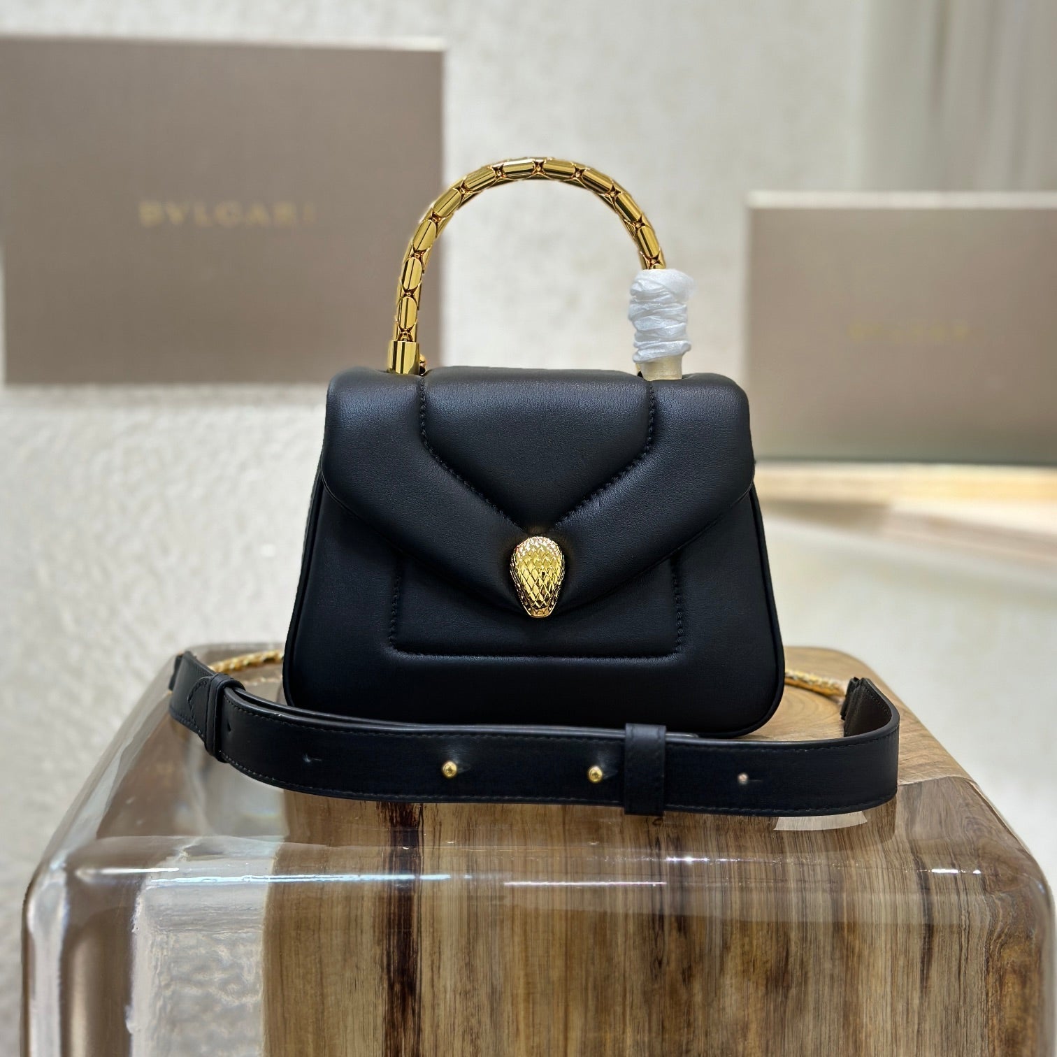 BVL Serpenti Reverse Top Handle 20cm Black Calfskin GHW 188564