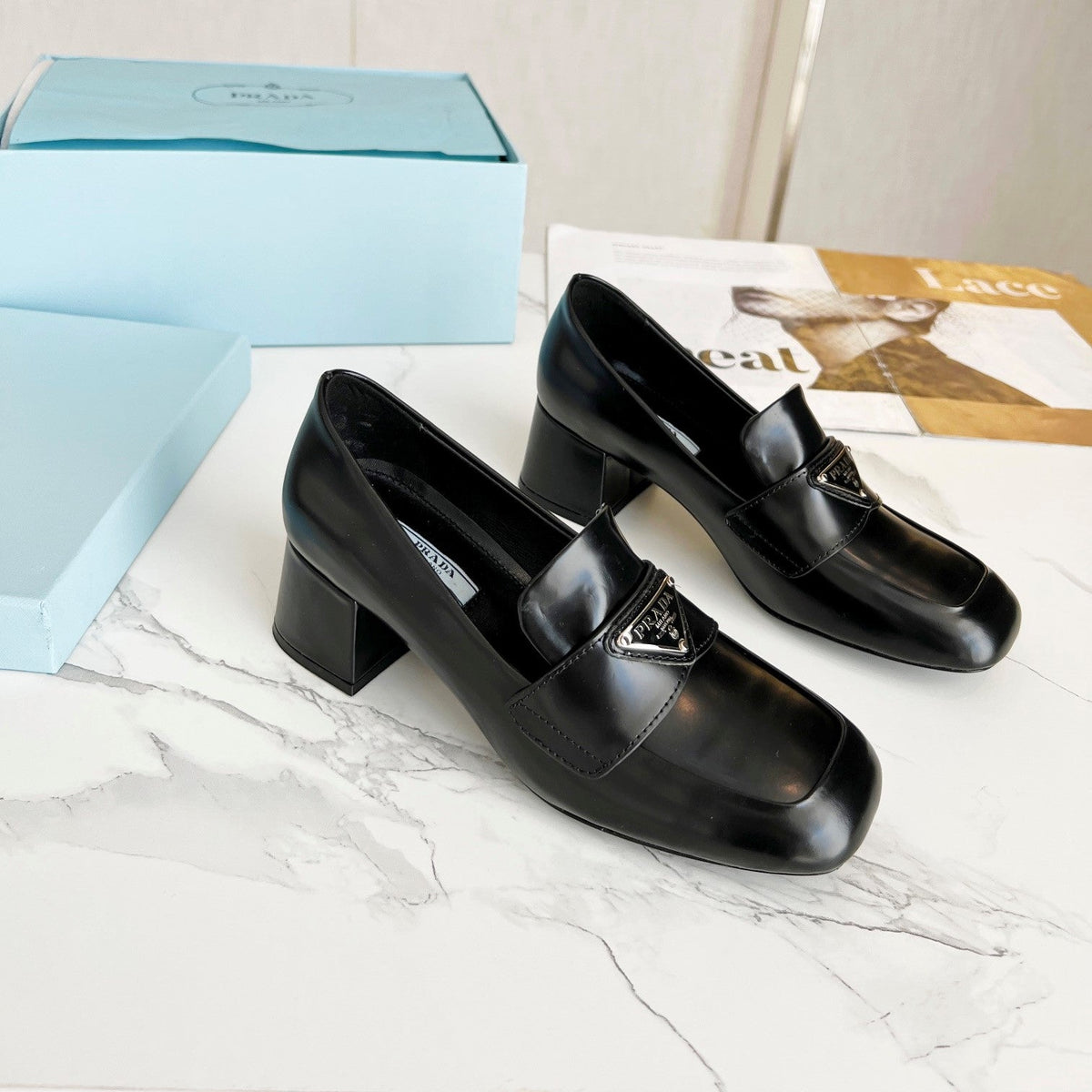 Prada 26S Block Heel Loafers Black Leather 147123