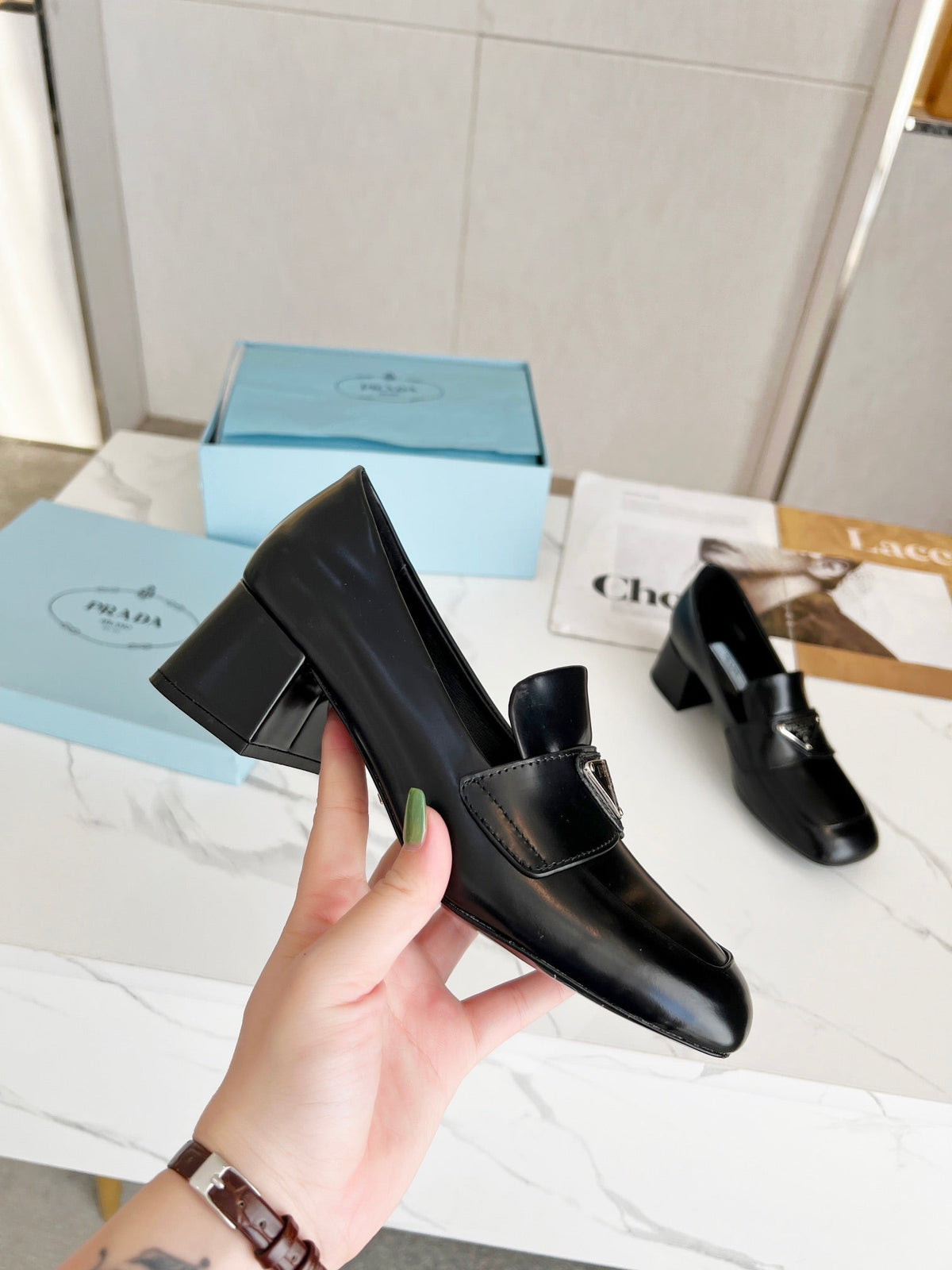 Prada 26S Block Heel Loafers Black Leather 147123