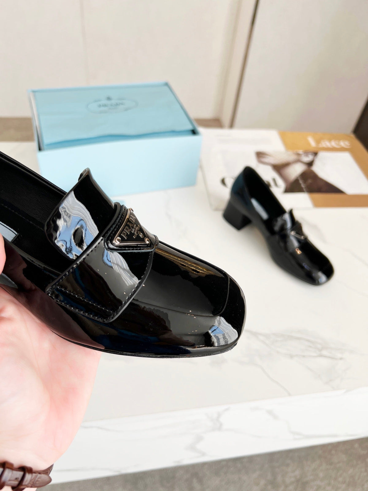 Prada 26S Block Heel Loafers Black Patent Leather 147124
