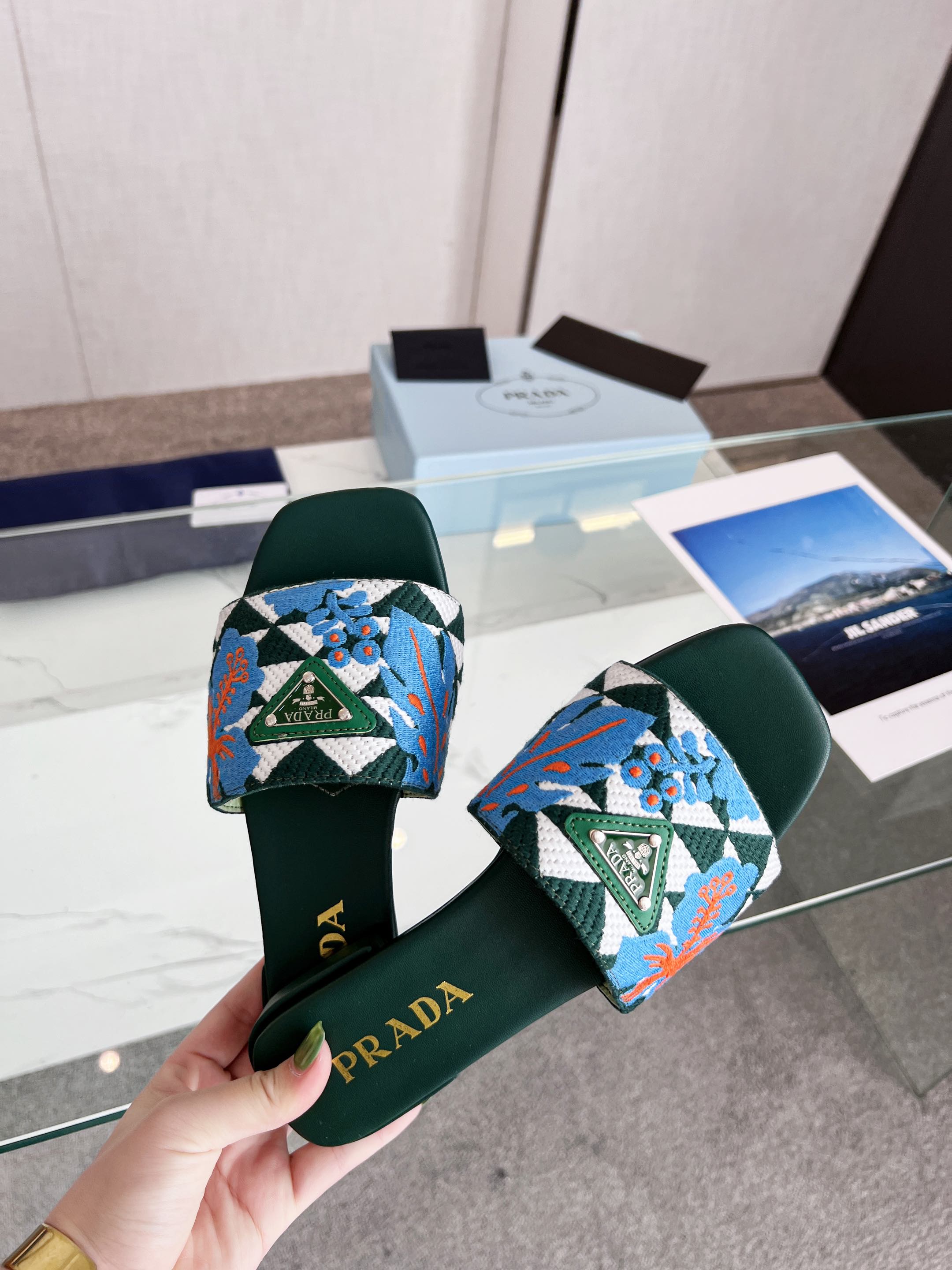 Prada 26s Floral Print Slides Teal Green Blue Leather Cotton 986594