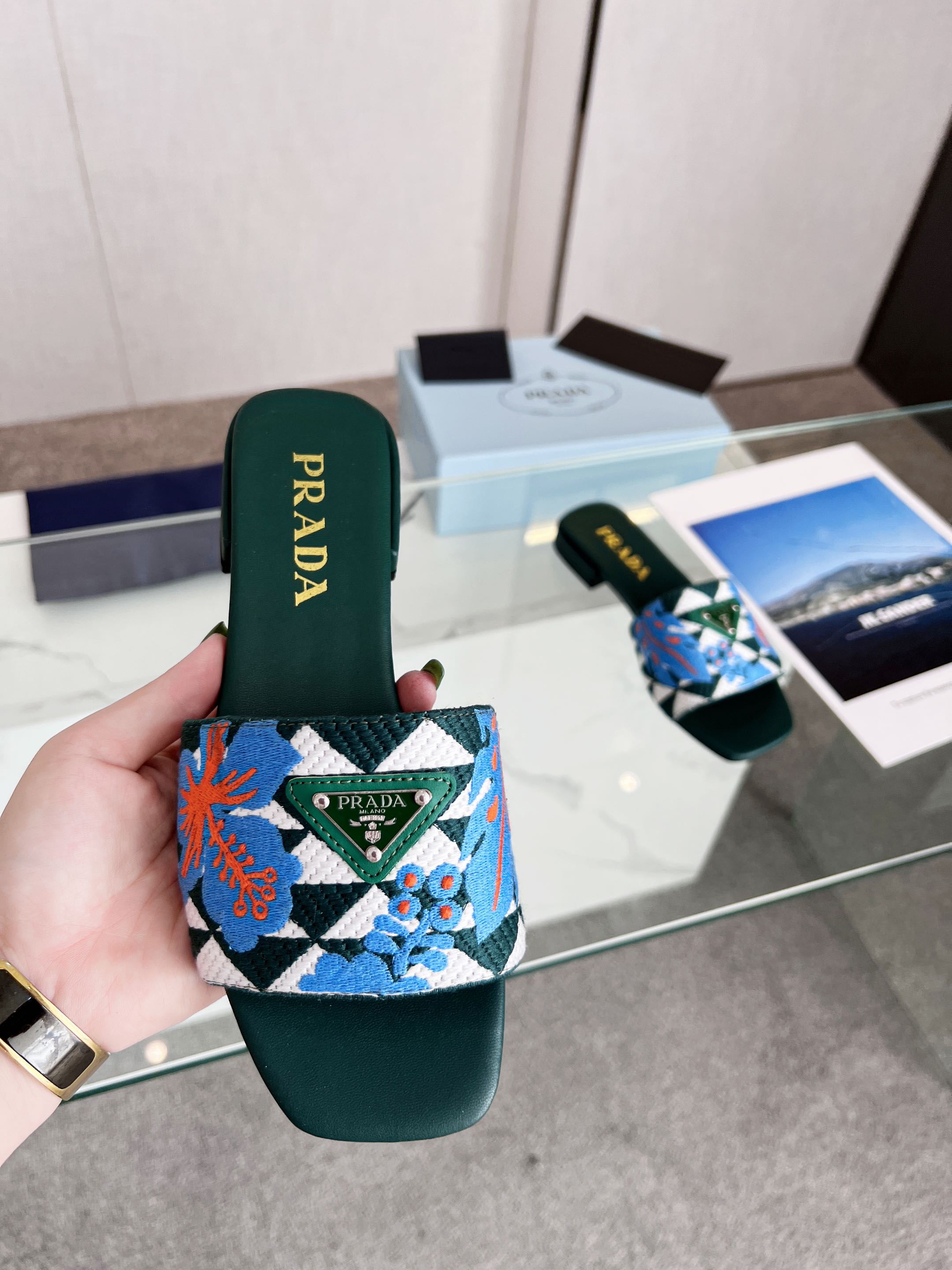 Prada 26s Floral Print Slides Teal Green Blue Leather Cotton 986594