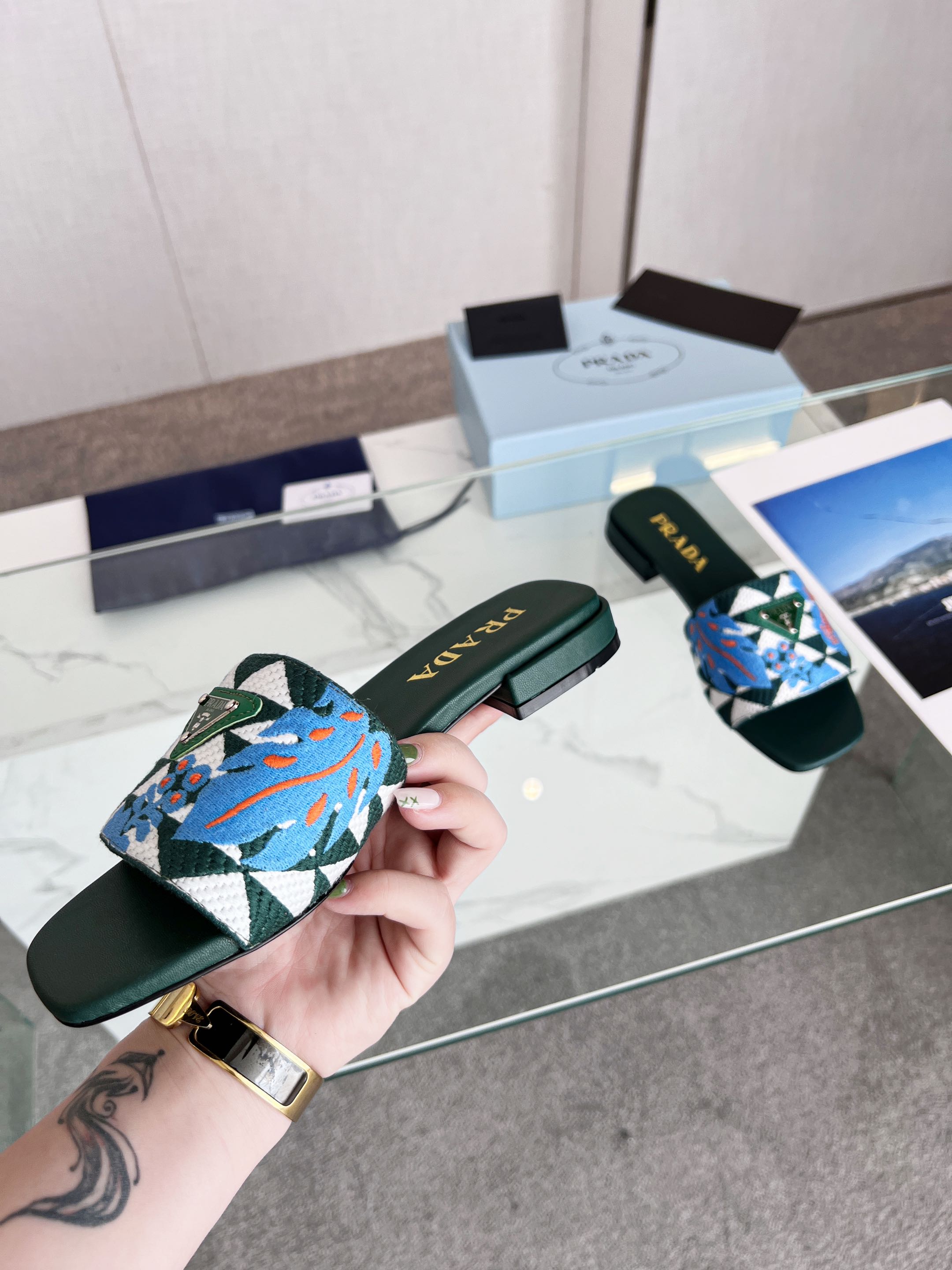 Prada 26s Floral Print Slides Teal Green Blue Leather Cotton 986594