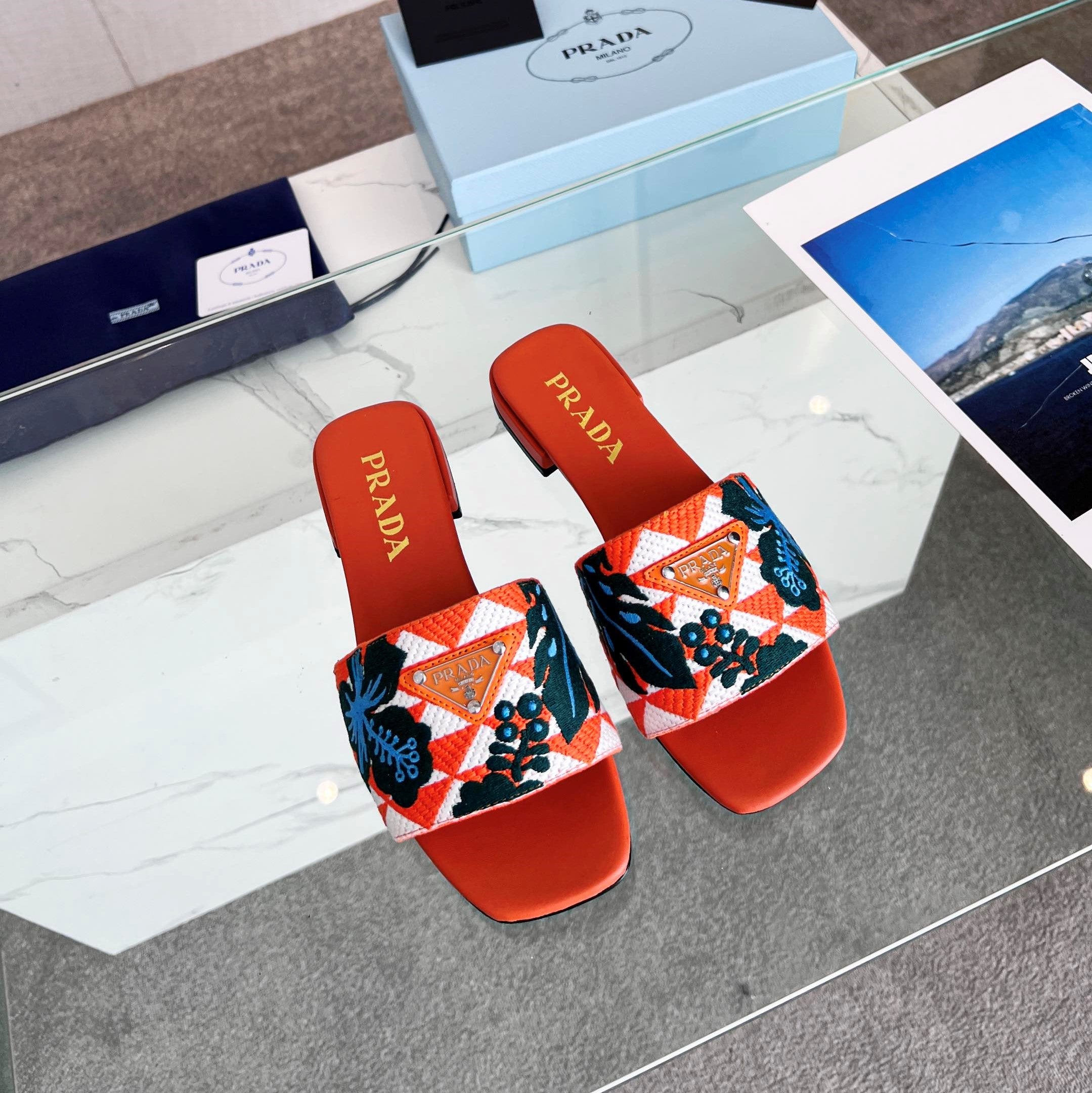 Prada 26s Floral Print Slides Orange Leather Cotton 986595