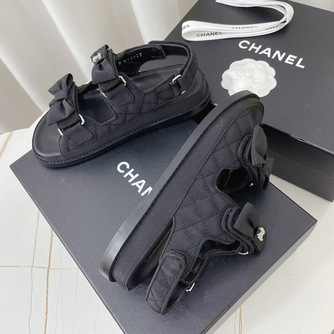 Chanel 26s Sandals Black Fabric Bow Embellishment