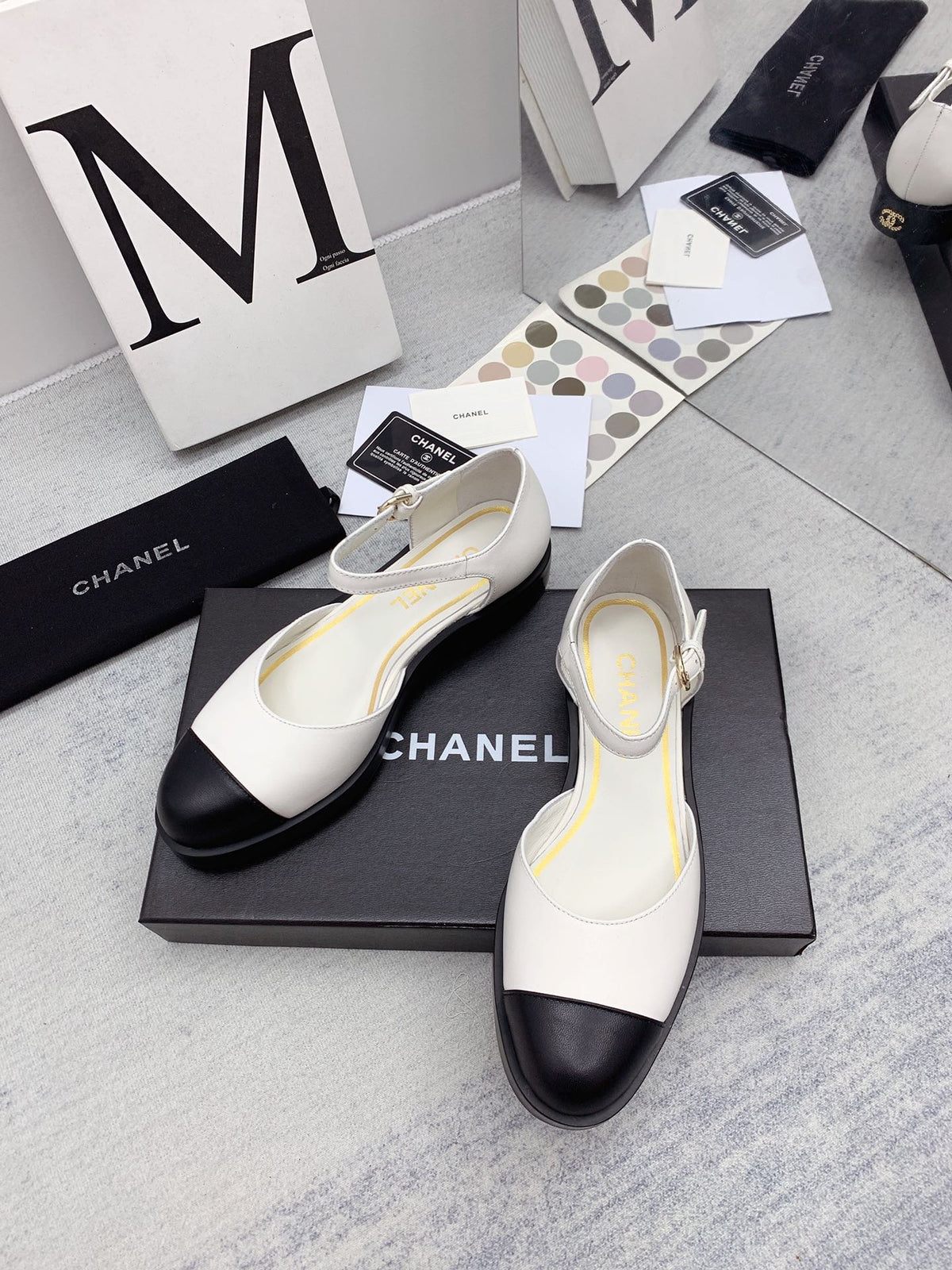 CC 26s Mary Janes White Black Lambskin Grosgrain 159883