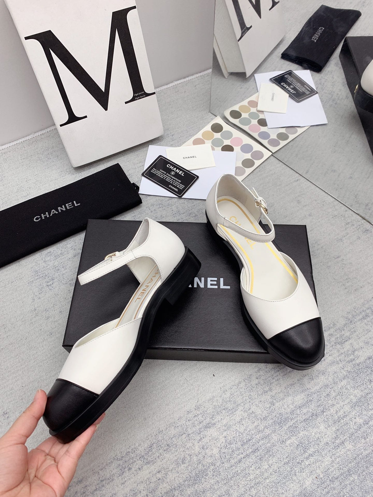 CC 26s Mary Janes White Black Lambskin Grosgrain 159883