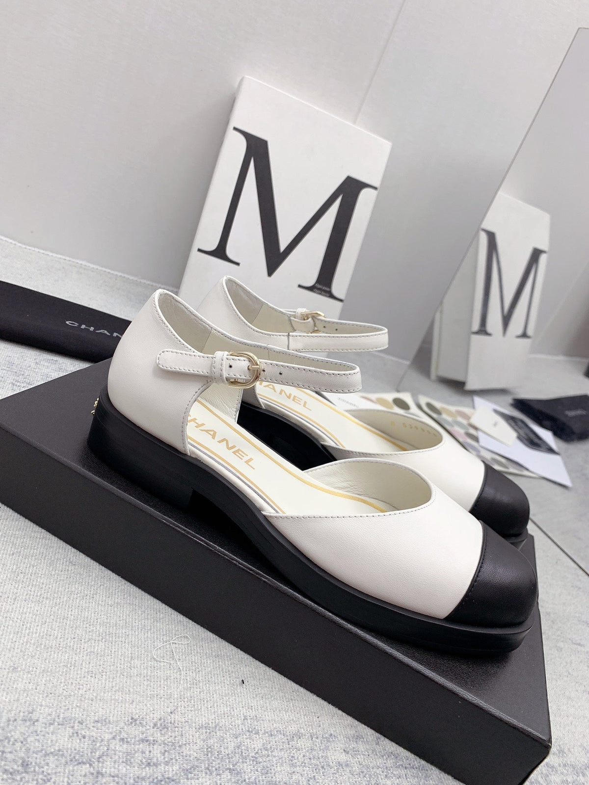 CC 26s Mary Janes White Black Lambskin Grosgrain 159883