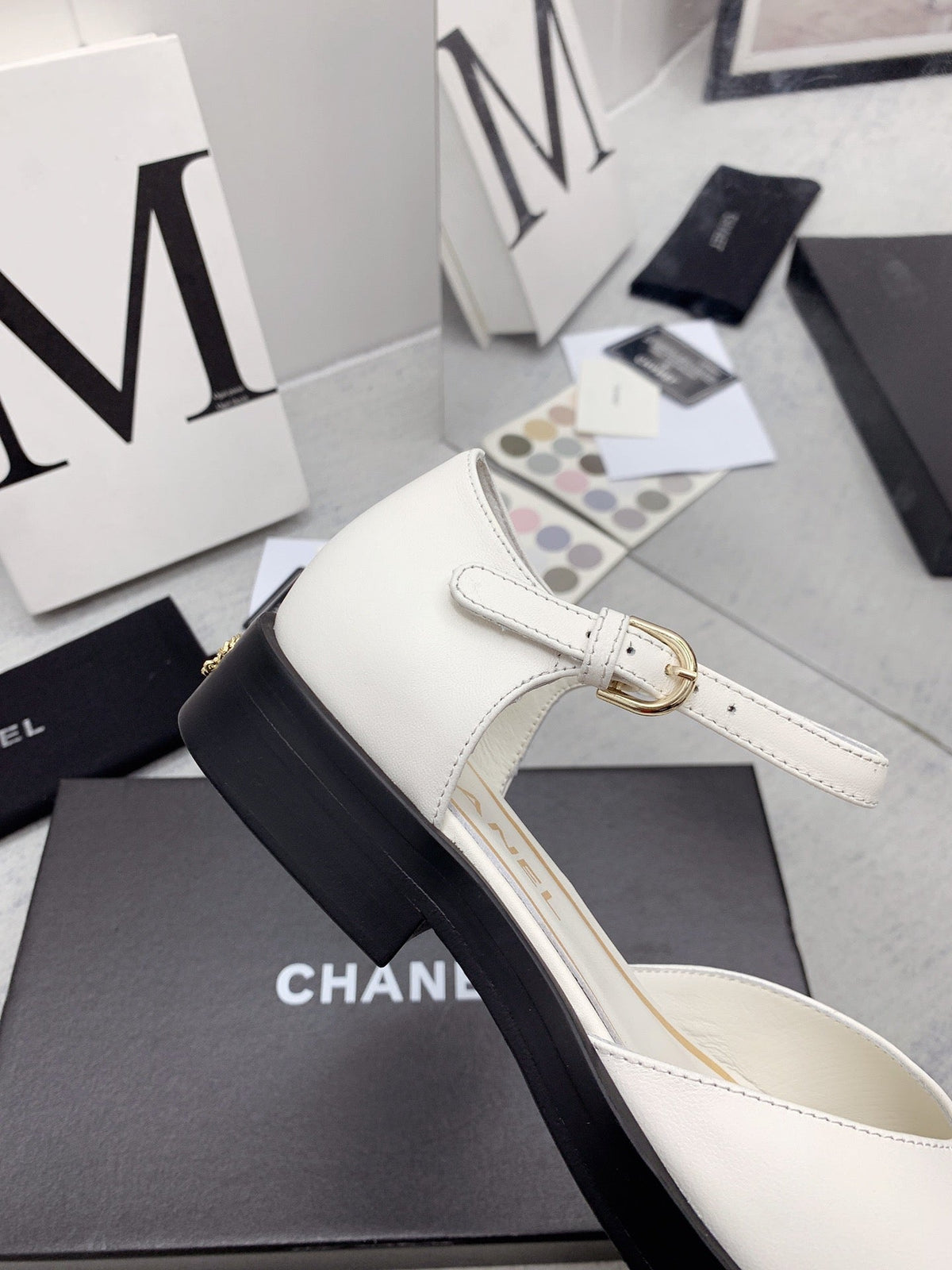 CC 26s Mary Janes White Black Lambskin Grosgrain 159883