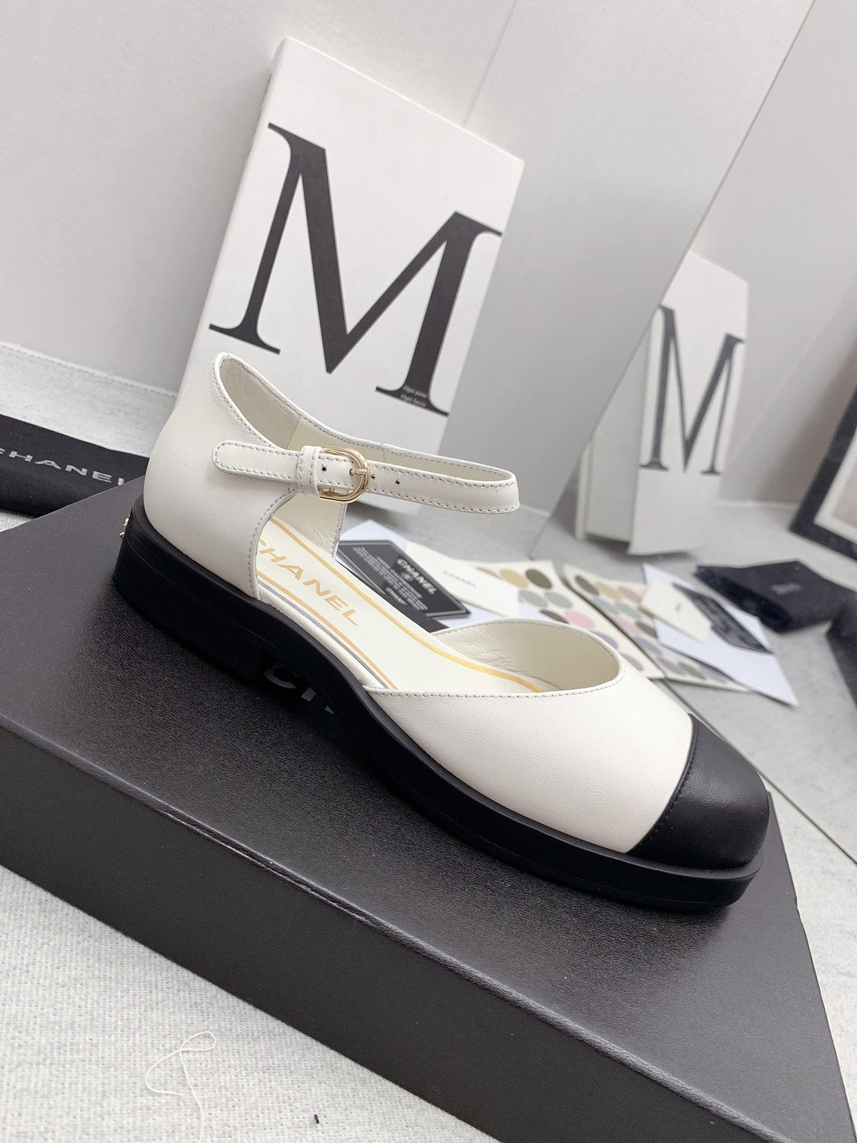 CC 26s Mary Janes White Black Lambskin Grosgrain 159883