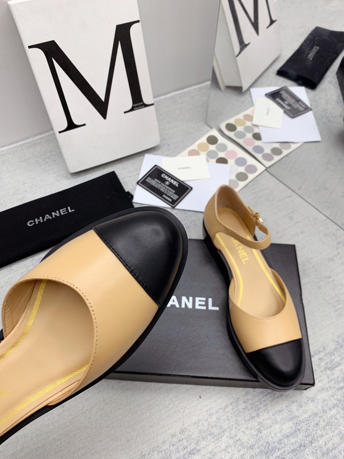 CC 26s Mary Janes Beige Black Lambskin Grosgrain 159947