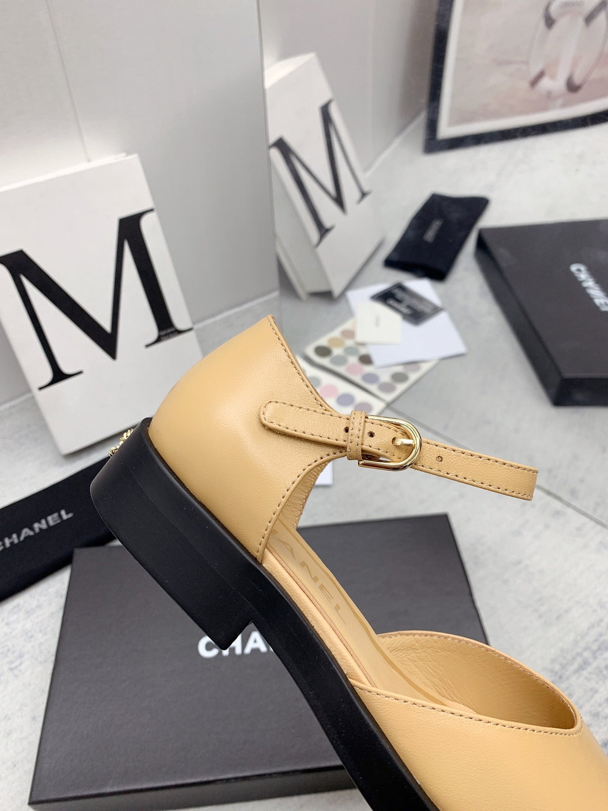 CC 26s Mary Janes Beige Black Lambskin Grosgrain 159947