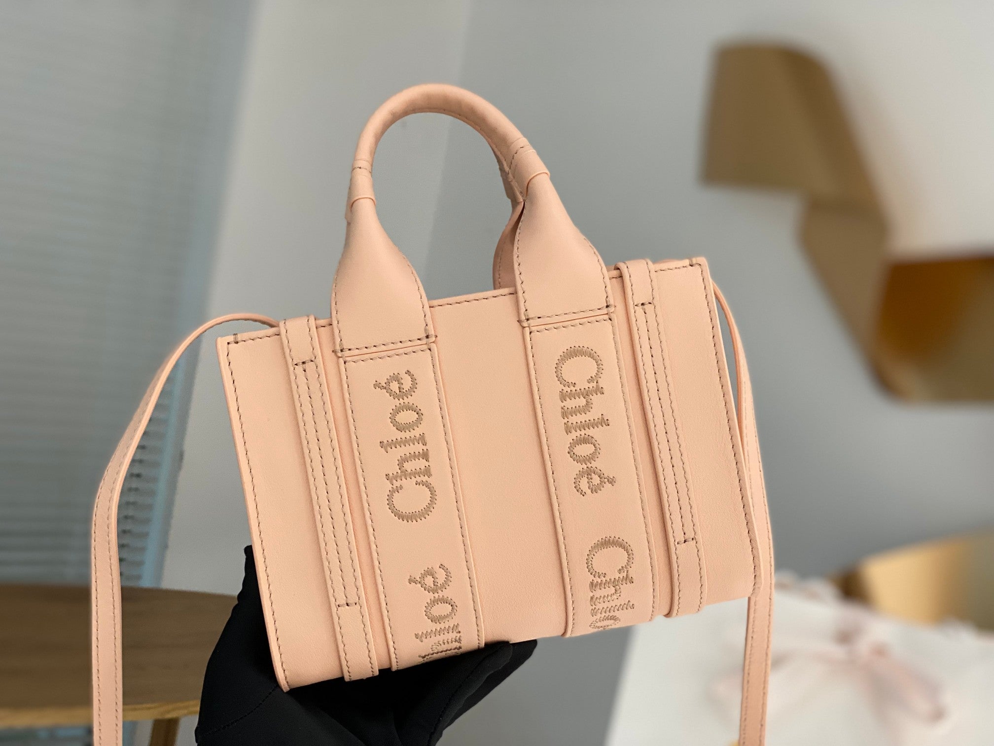 Chloé Woody mini tote bag 20cm pink calfskin