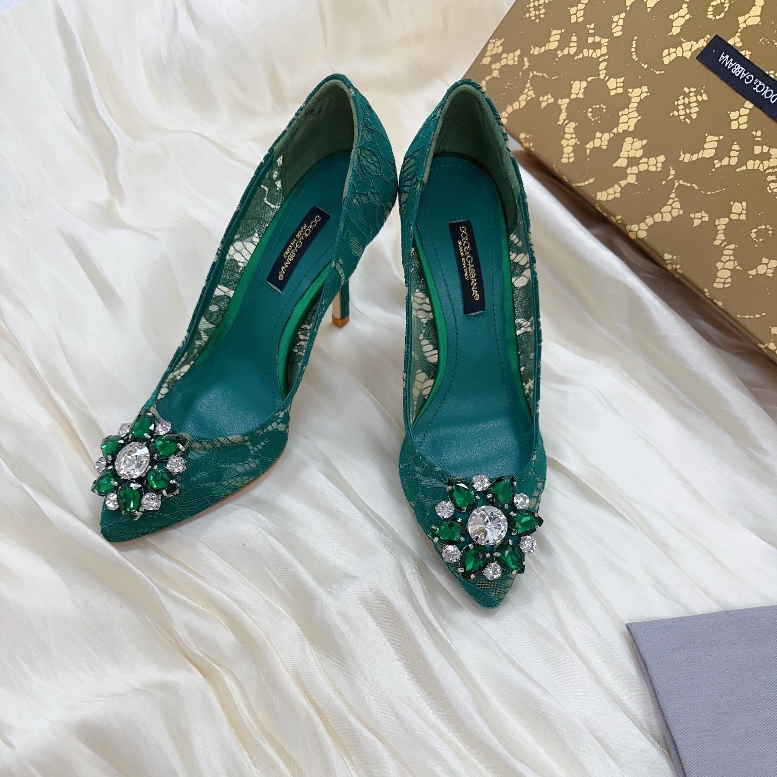DC Floral Crystal Pumps Deep Blue-Green Genuine Leather & Lace 324774