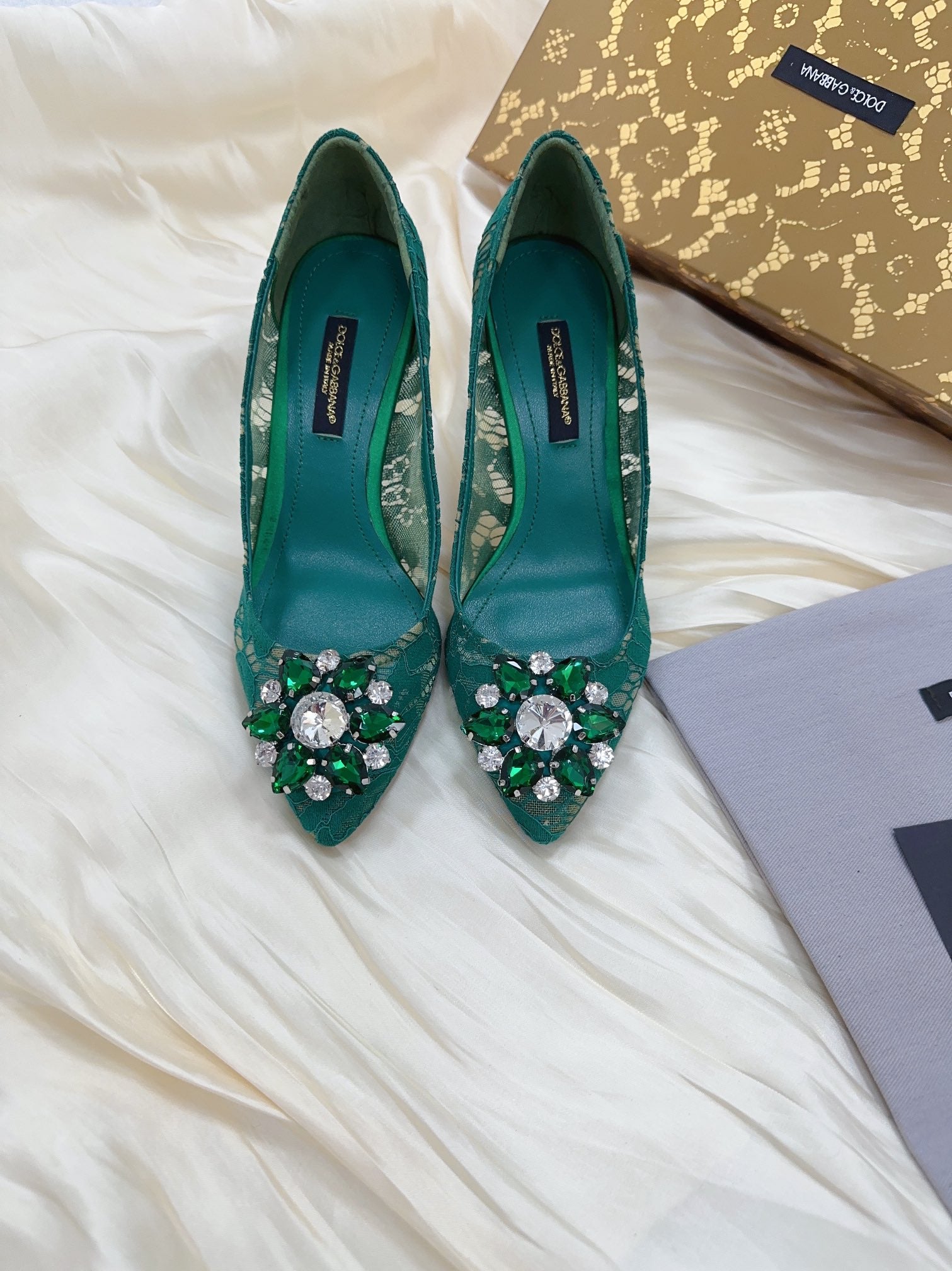DC Floral Crystal Pumps Deep Blue-Green Genuine Leather & Lace 324774