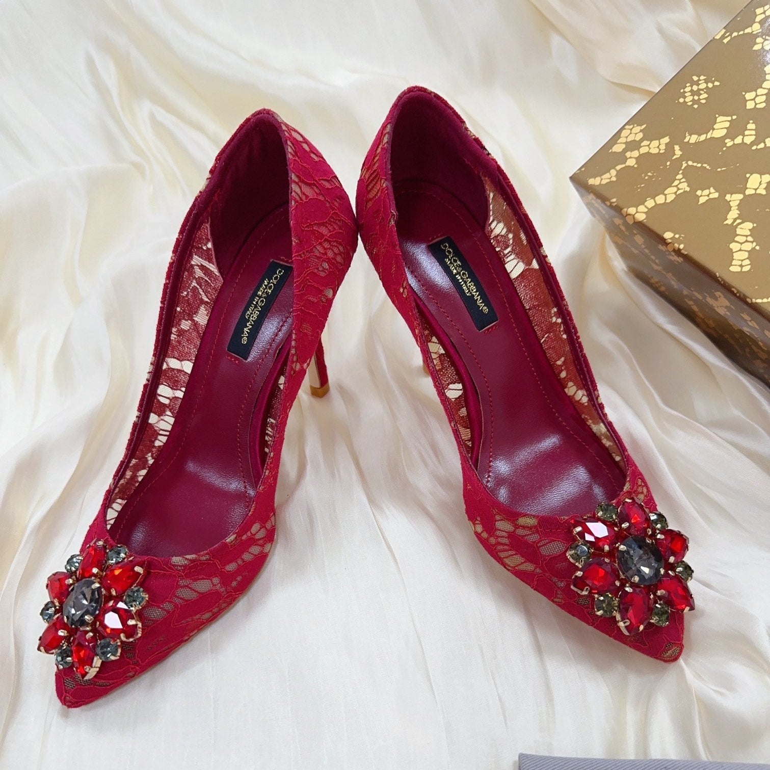DC Floral Crystal Pumps Red Genuine Leather & Lace 324771